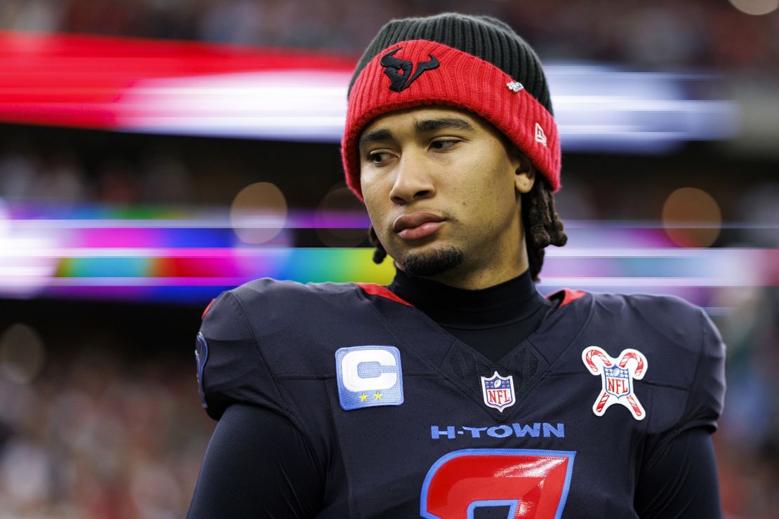 HOUSTON, TX - DECEMBER 25: Houston Texans quarterback CJ Stroud stands on the sideline during the national anthem before an NFL football game against the Baltimore Ravens at NRG Stadium in Houston, Texas (December 2024) (Photo taken on May 25th). (Photo by Brooke Sutton/Getty Images)