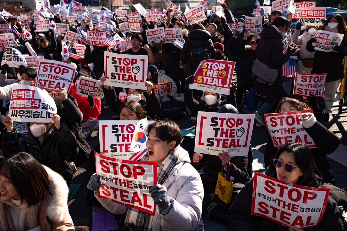 Supporters of suspended South Korean President Yoon Suk Yeol gather near his residence in Hannam-dong, Seoul, South Korea, on January 4, 2025.