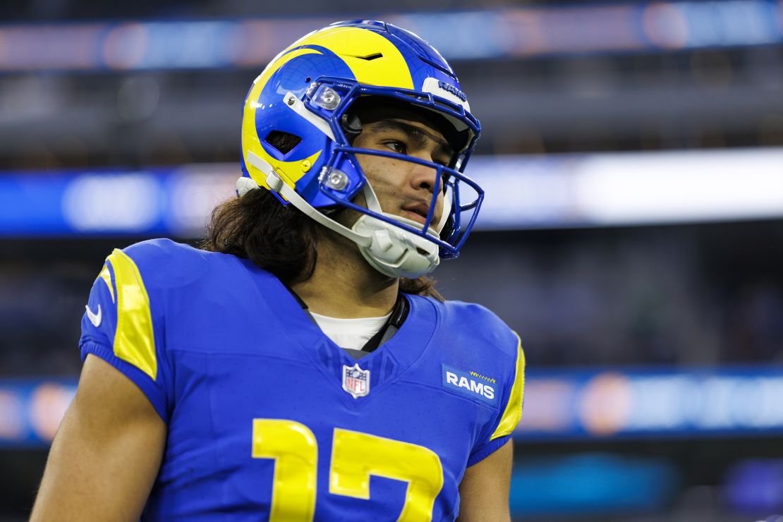 INGLEWOOD, CALIFORNIA - DECEMBER 28: Wide receiver Puka Nacua #17 of the Los Angeles Rams stands on the field prior to an NFL football game against the Arizona Cardinals, at SoFi Stadium on December 28, 2024 in Inglewood, California. (Photo by Brooke Sutton/Getty Images)