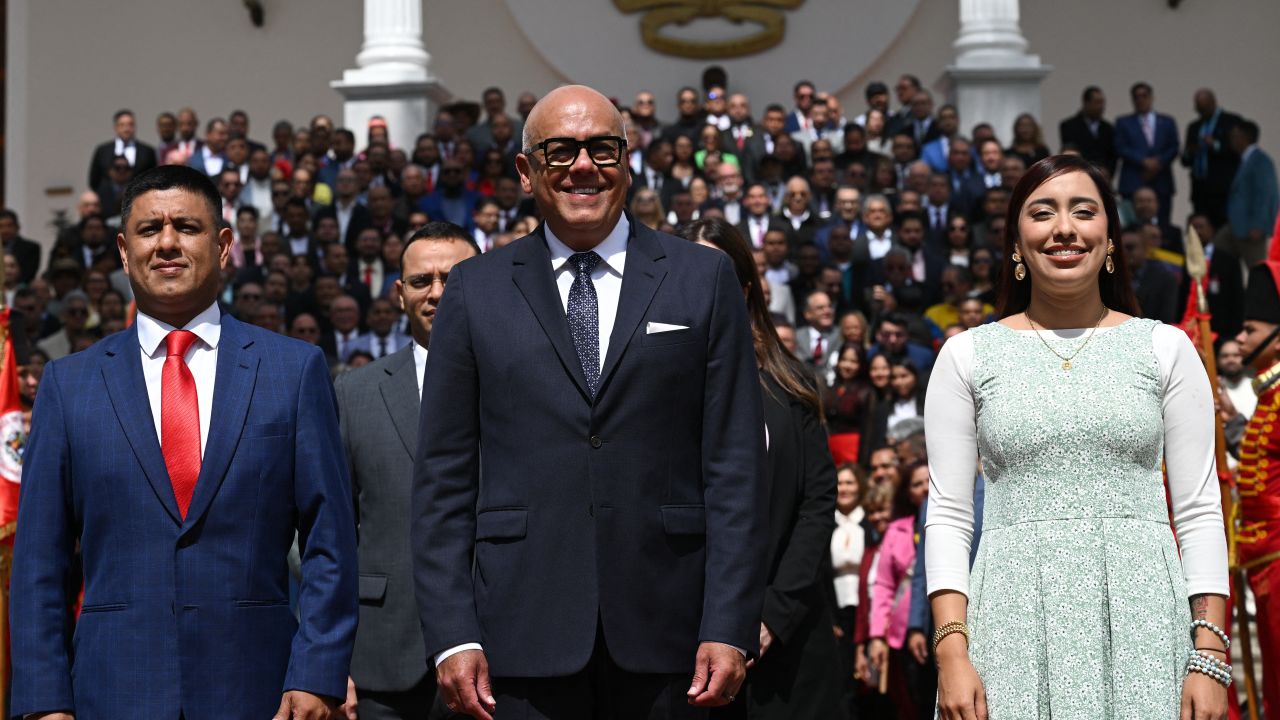 (L to R) First Vice-President of the National Assembly Pedro Infante, President of the National Assembly Jorge Rodriguez and Second Vice-President of the National Assembly America Perez pose for the official photo after a the installation of the National Parliament at the Federal Legislative Palace in Caracas on January 5, 2025. Venezuela's parliament, controlled by the ruling party, begins its legislative year on January 5, five days before Nicolas Maduro is sworn in as president for a third term amid allegations of fraud in his re-election. (Photo by Federico PARRA / AFP) (Photo by FEDERICO PARRA/AFP via Getty Images)