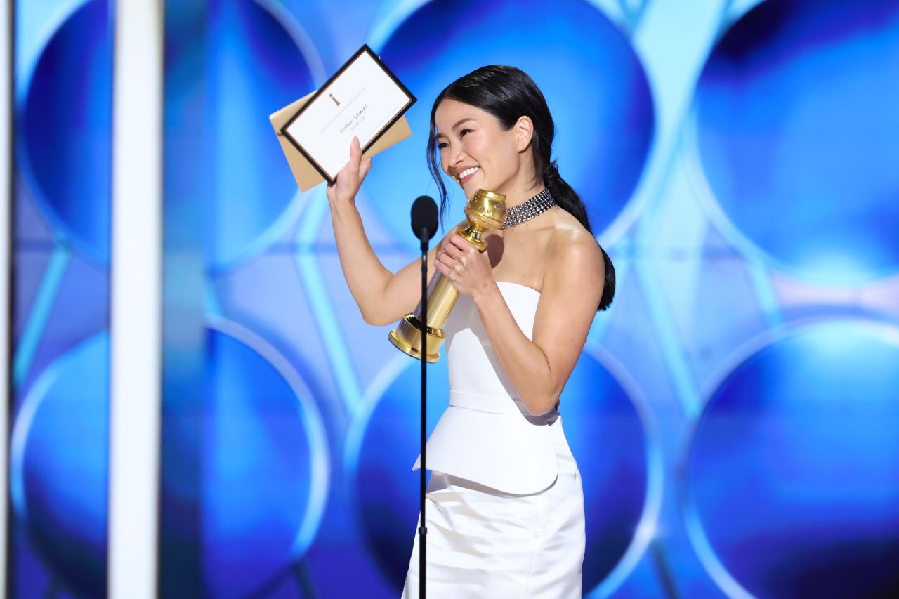 Anna Sawai accepts the Golden Globe for best female actor in a drama series on Sunday, January 5.