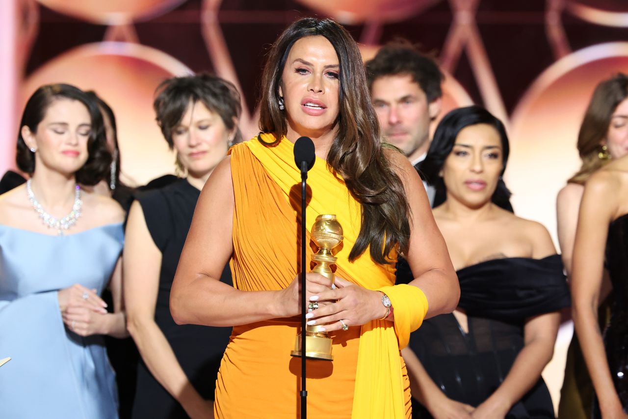 Karla Sofía Gascón gives an acceptance speech after "Emilia Pérez" won the Golden Globe for best musical or comedy film.