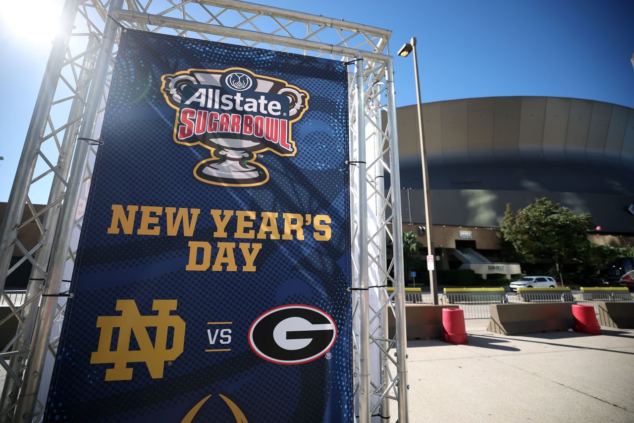 A sign for the Sugar Bowl between Georgia and Notre Dame is seen outside the Louisiana Superdome in New Orleans, after people were killed on Bourbon Street when a person drove into a crowd in the early morning hours of January 1.