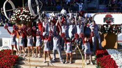 PASADENA, CALIFORNIA - JANUARY 01: Ohio State Buckeyes cheerleaders participate in the 136th Rose Parade Presented By Honda on January 01, 2025 in Pasadena, California.  (Photo by Jerod Harris/Getty Images)