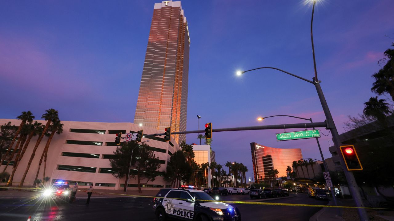 LAS VEGAS, NEVADA - JANUARY 01: Las Vegas Metropolitan Police Department vehicles block the road near the Trump International Hotel & Tower Las Vegas after a Tesla Cybertruck exploded in front of the entrance on January 01, 2025 in Las Vegas, Nevada. A person who was in the vehicle died and seven people were injured. Authorities are investigating the incident as a possible terrorist attack and are looking for a possible connection to a deadly crash in New Orleans. (Photo by Ethan Miller/Getty Images)