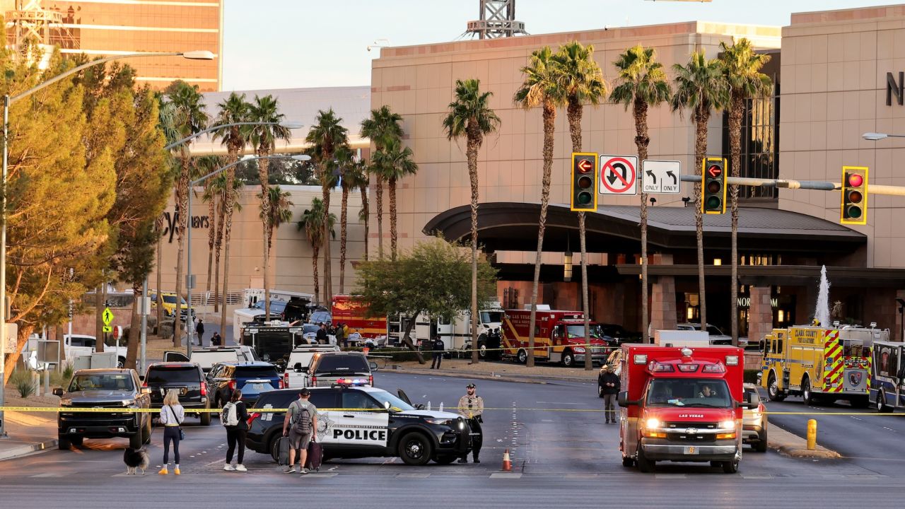 LAS VEGAS, NEVADA - JANUARY 01: A Las Vegas Metropolitan Police Department vehicle blocks the road near the Trump International Hotel & Tower Las Vegas after a Tesla Cybertruck exploded in front of the entrance on January 01, 2025 in Las Vegas, Nevada. A person who was in the vehicle died and seven people were injured. Authorities are investigating the incident as a possible terrorist attack and are looking for a possible connection to a deadly crash in New Orleans. (Photo by Ethan Miller/Getty Images)