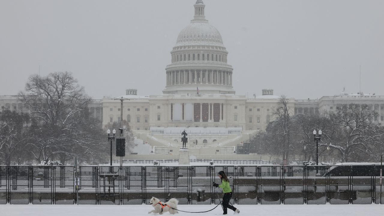 TOPSHOT - A woman walks her dog near the US Capitol as snow falls during a winter storm in Washington, DC on January 6, 2025. A massive storm system dumped heavy snow and freezing rain on large swaths of the eastern United States Monday, disrupting travel and work for millions of Americans from the Ohio Valley to the capital Washington. (Photo by Jemal COUNTESS / AFP) (Photo by JEMAL COUNTESS/AFP via Getty Images)