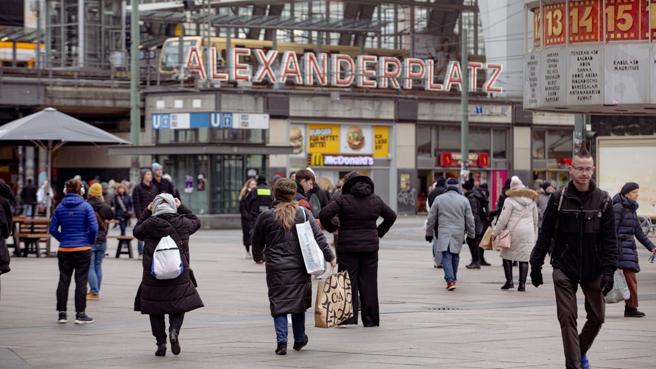 Shoppers in Alexanderplatz in Berlin, Germany, on Friday, Jan. 3, 2025. German inflation accelerated more than anticipated last month, backing the European Central Bank's plans to keep cutting interest rates only gradually. Photographer: Yen Duong/Bloomberg via Getty Images
