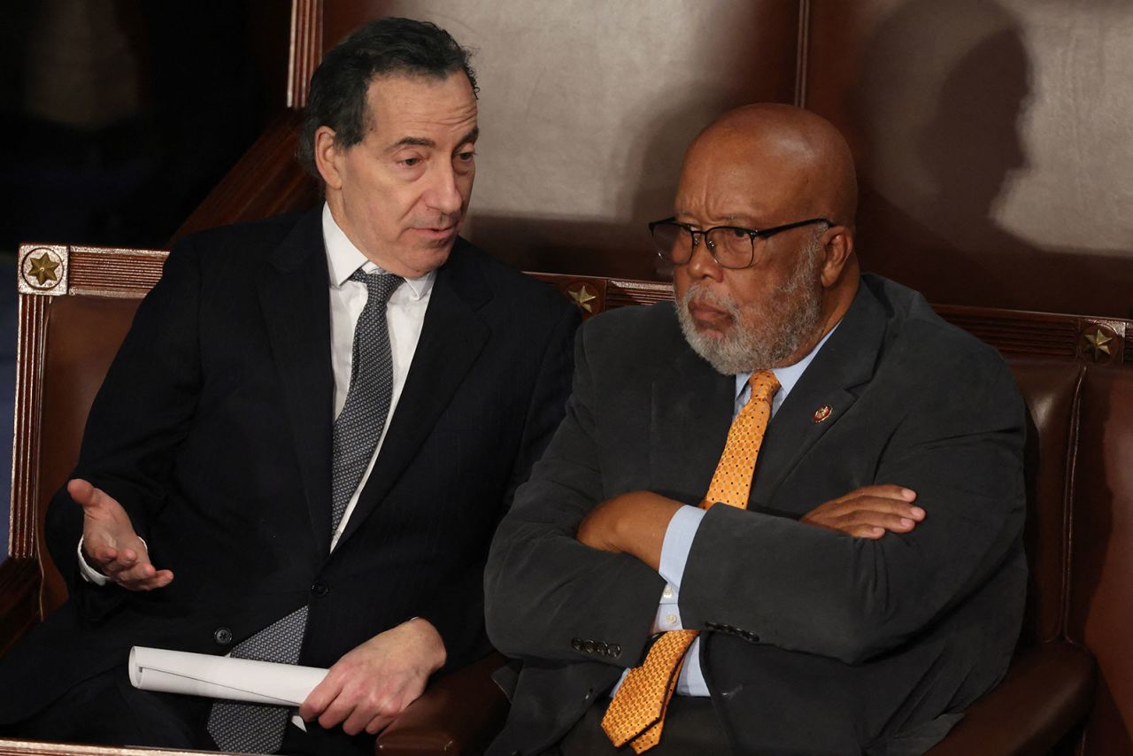 Representatives Jamie Raskin and Bennie Thompson speak with each other during of a joint session of Congress to certify the results of the 2024 Presidential election, inside the House Chamber at the US Capitol on Monday, January 6.