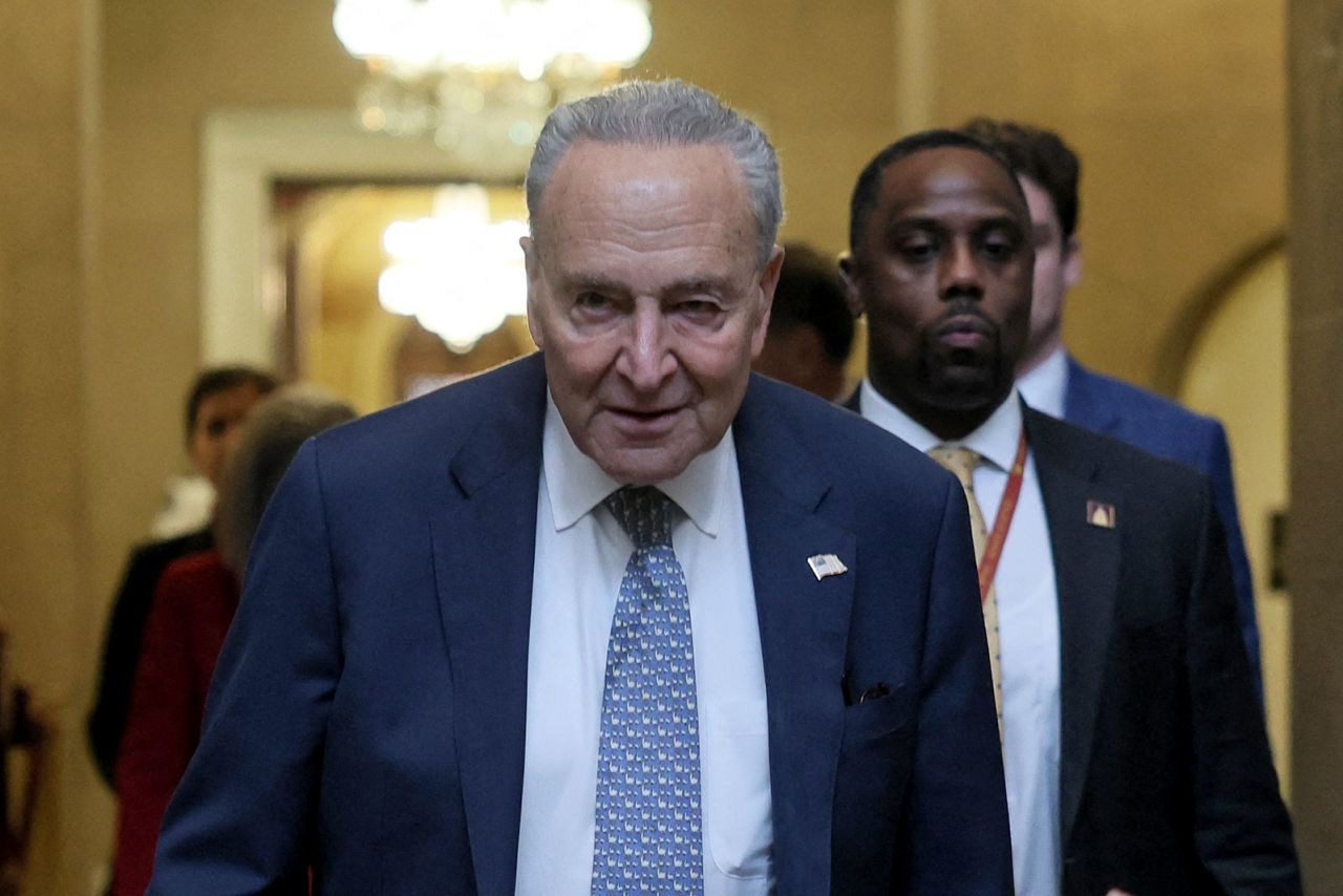 US Senate Majority Leader Chuck Schumer speaks to a reporter following a joint session of Congress to certify the results of the 2024 Presidential election on Monday, January 6.