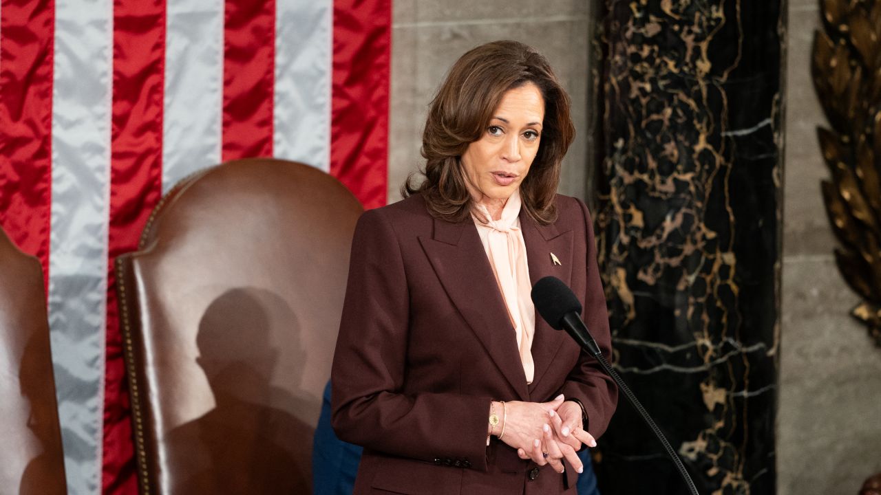 US Vice President Kamala Harris presides over a joint session of Congress to certify the results of the 2024 Presidential election, inside the House Chamber at the US Capitol on January 6, 2025, in Washington, DC. Exactly four years after Donald Trump's supporters stormed the US Capitol, seeking to overturn his election loss, lawmakers meet today to certify his 2024 Presidential win, cementing the Republican's comeback from political ignominy. (Photo by Allison ROBBERT / AFP) (Photo by ALLISON ROBBERT/AFP via Getty Images)