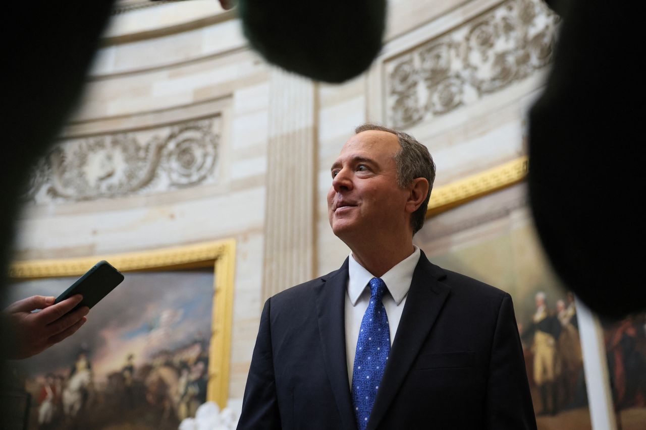 Sen. Adam Schiff speaks to reporters on January 6 in Washington, DC.