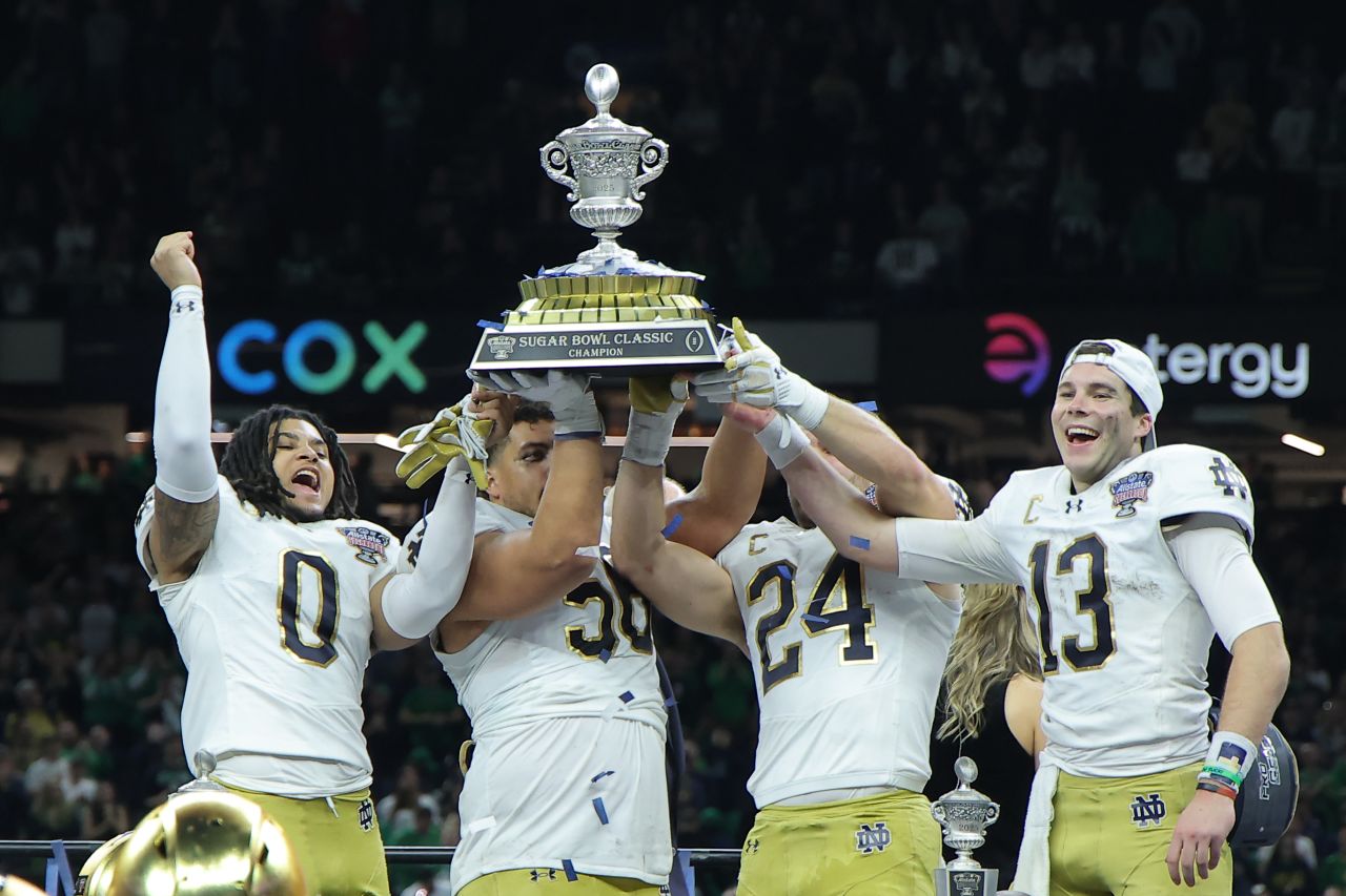 The Notre Dame Fighting Irish celebrate with the trophy after a 23-10 victory against the Georgia Bulldogs during the 91st Allstate Sugar Bowl on Thursday, January 02, in New Orleans, Louisiana.