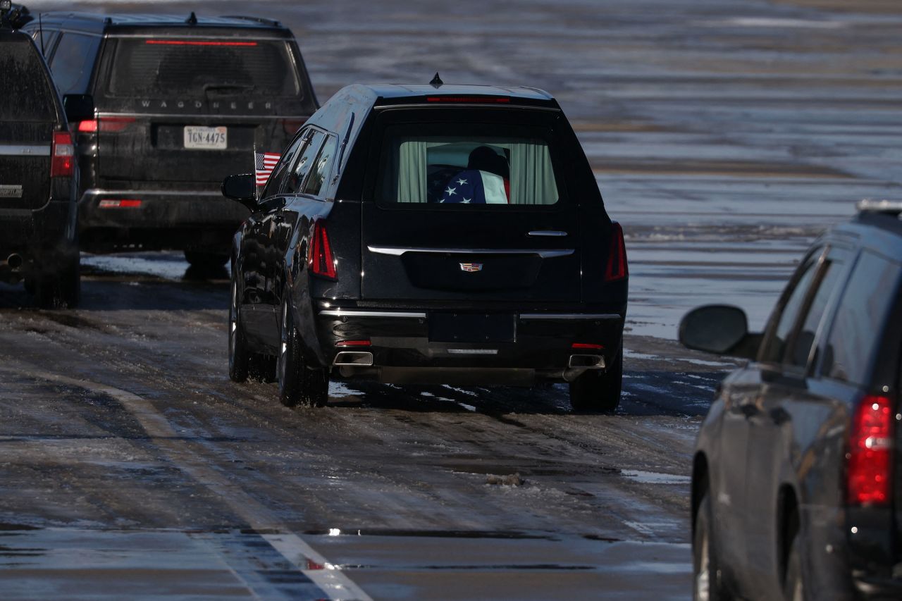 A hearse carrying casket of former President Jimmy Carter following an arrival ceremony in Joint Base Andrews, Maryland, on January 7.