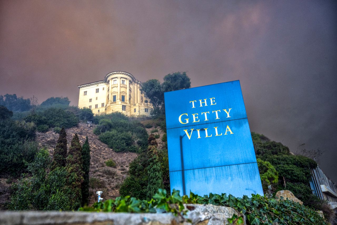 The Palisades Fire approaches the Getty Villa in Pacific Palisades on Tuesday.