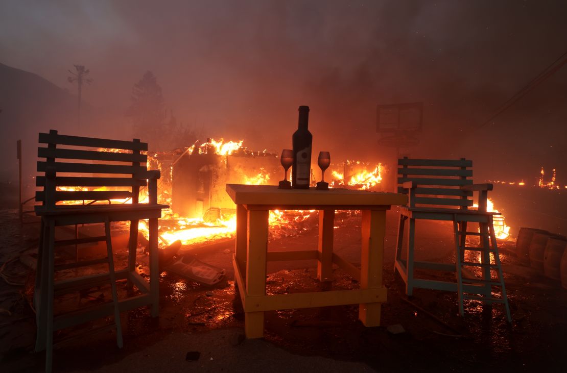 The Rosenthal Wine Bar & Patio in Malibu goes up in flames on Wednesday.