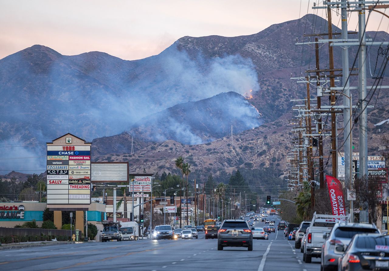 The Hurst fire burns in the hills above Sylmar, CA on January 8.