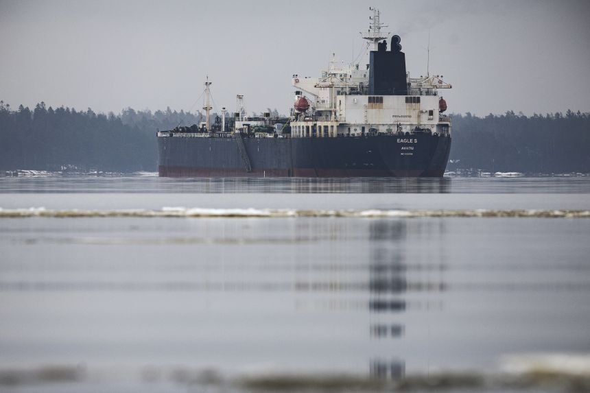 The detained Eagle S tanker, which damaged undersea cables in the Baltic Sea last month, off the coast of Porvoo, Finland, on January 8, 2025. Finnish authorities deemed the tanker that's part of the fleet carrying Russian oil as not seaworthy after inspections onboard.
