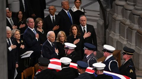 The remains of former US President Jimmy Carter are carried by an honor guard on departure from the Washington National Cathedral in Washington, DC, after a State Funeral Service on January 9,.