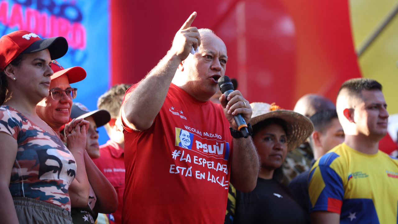 Venezuela's Interior Minister Diosdado Cabello delivers a speech during a rally in support of President Nicolas Maduro on the eve of the presidential inauguration in Caracas on January 9, 2025. Venezuela is on tenterhooks facing demonstrations called by both the opposition and government supporters a day before President Nicolas Maduro is due to be sworn in for a third consecutive term and despite multiple countries recognizing opposition rival Edmundo Gonzalez Urrutia as the legitimate president-elect following elections past July. (Photo by Pedro MATTEY / AFP) (Photo by PEDRO MATTEY/AFP via Getty Images)