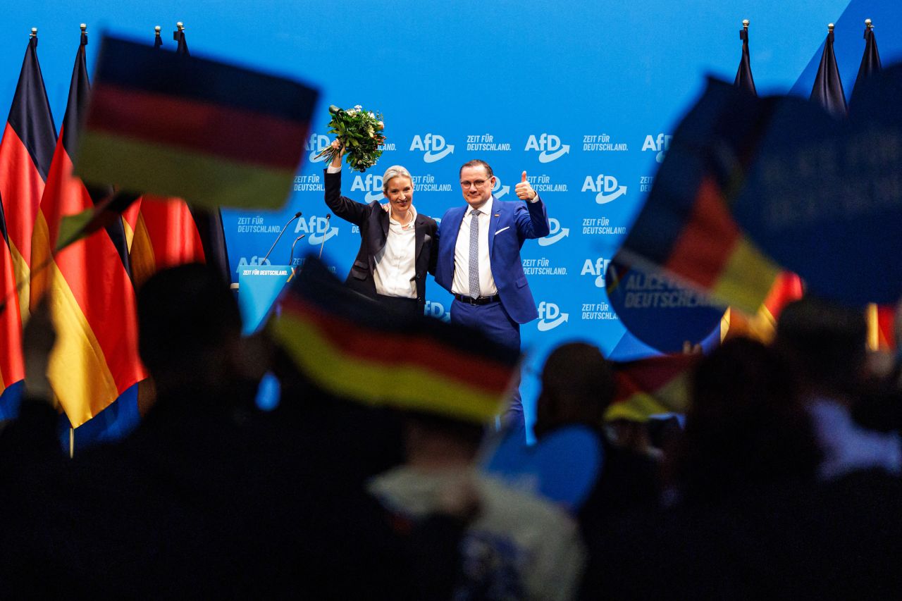 Alice Weidel, left, and Tino Chrupalla, co-leaders of the far-right Alternative for Germany (AfD), stand on stage during a party congress in Riesa, Germany, on January 11.