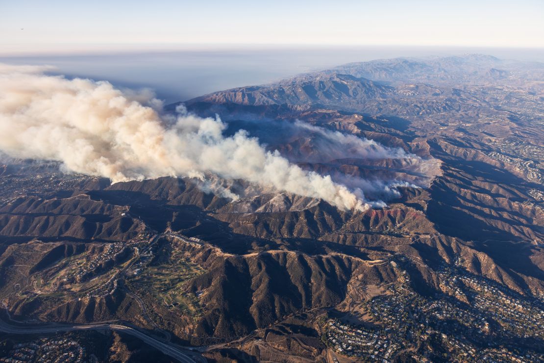 An aerial view of the Palisades Fire as it burns toward the San Fernando Valley.