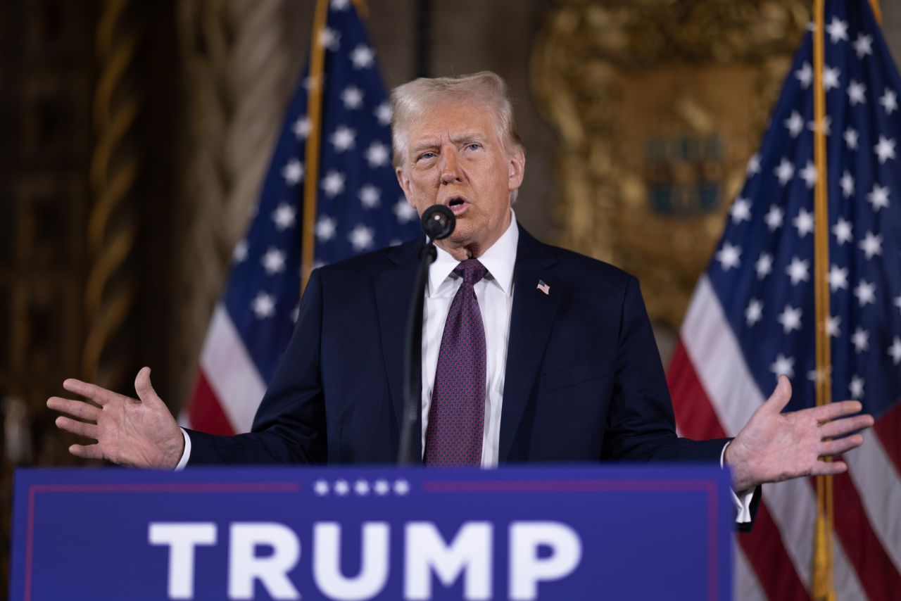 Donald Trump speaks to members of the media during a press conference at the Mar-a-Lago Club in Palm Beach, Florida, on Tuesday.