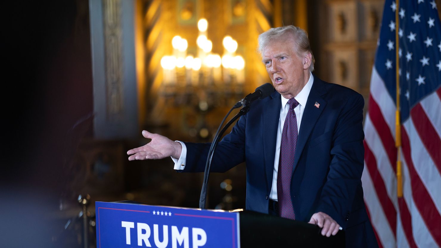 President-elect Donald Trump speaks to members of the media during a press conference at the Mar-a-Lago Club in Palm Beach, Florida, on January 7, 2025.