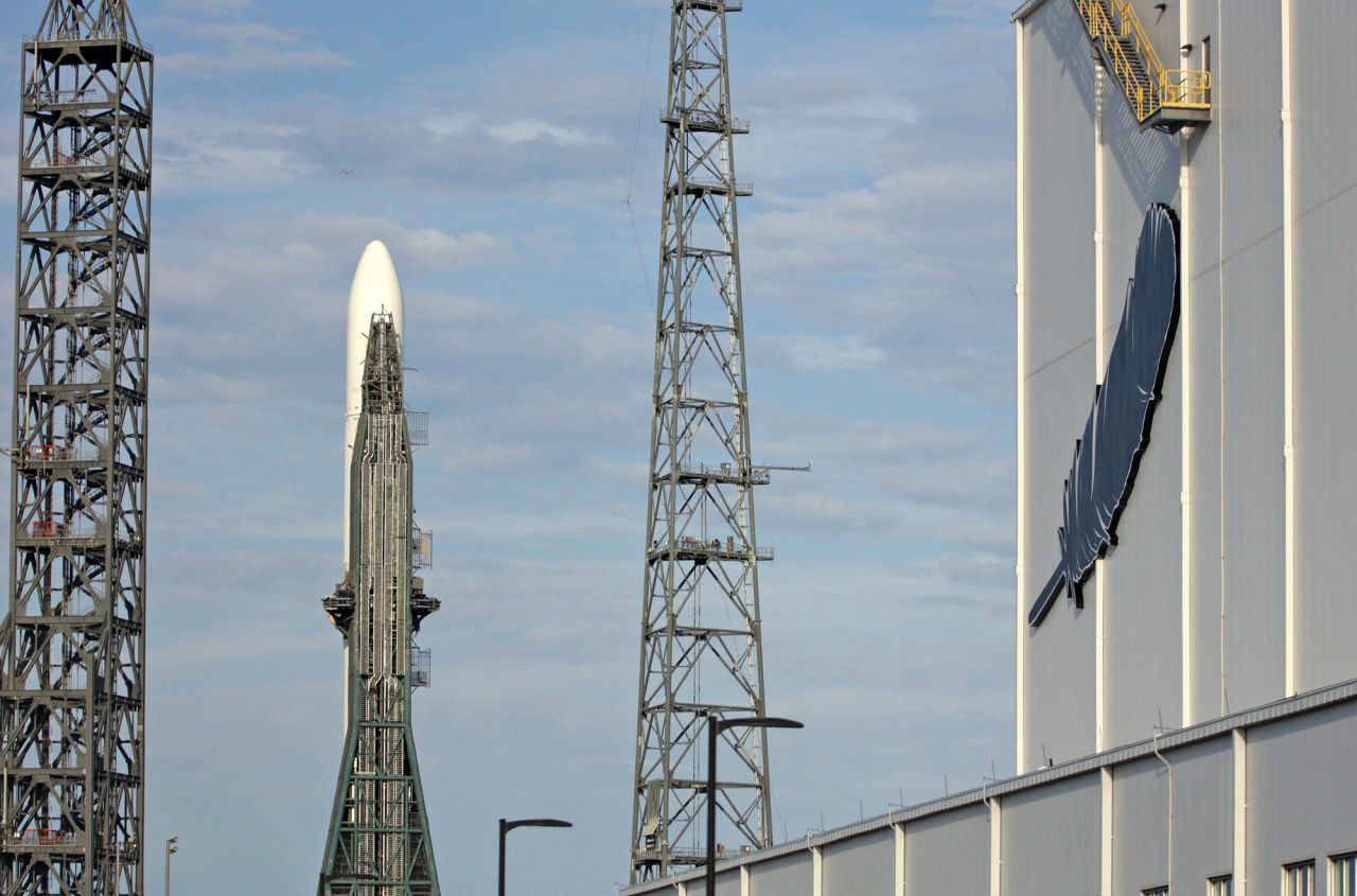 Blue Origin's New Glenn rocket sits on the launchpad at Kennedy Space Center in Cape Canaveral, Florida, on Saturday.