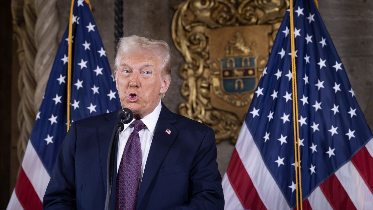 PALM BEACH, FLORIDA - JANUARY 07:  U.S. President-elect Donald Trump speaks to members of the media during a press conference at the Mar-a-Lago Club on January 07, 2025 in Palm Beach, Florida. Trump will be sworn in as the 47th president of the United States on January 20, making him the only president other than Grover Cleveland to serve two non-consecutive terms in the office. (Photo by Scott Olson/Getty Images)