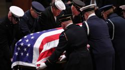 WASHINGTON, DC - JANUARY 07:  U.S. Military Body Bearers carry the casket bearing the remains of former U.S. President Jimmy Carter into the Capitol Rotunda during a memorial service at the U.S. Capitol on January 07, 2025 in Washington, DC. Carter’s body will lie in state in the Capitol Rotunda until a funeral service at the National Cathedral in Washington on January 9. Carter, the 39th President of the United States, died at the age of 100 on December 29, 2024 at his home in Plains, Georgia. (Photo by Chip Somodevilla/Getty Images)