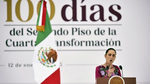 Mexico's President Claudia Sheinbaum speaks during an event to mark her first 100 days in office at the Zocalo Square, Mexico City, Mexico on January 12, 2025. Sheinbaum called on her ers to celebrate her first 100 days in power, marked by threats from the US president-elect, Donald Trump, drug violence in Sinaloa (northwest) and more than 10 constitutional reforms. (Photo by Rodrigo Oropeza / AFP) (Photo by RODRIGO OROPEZA/AFP via Getty Images)