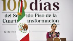 Mexico's President Claudia Sheinbaum speaks during an event to mark her first 100 days in office at the Zocalo Square, Mexico City, Mexico on January 12, 2025. Sheinbaum called on her supporters to celebrate her first 100 days in power, marked by threats from the US president-elect, Donald Trump, drug violence in Sinaloa (northwest) and more than 10 constitutional reforms. (Photo by Rodrigo Oropeza / AFP) (Photo by RODRIGO OROPEZA/AFP via Getty Images)