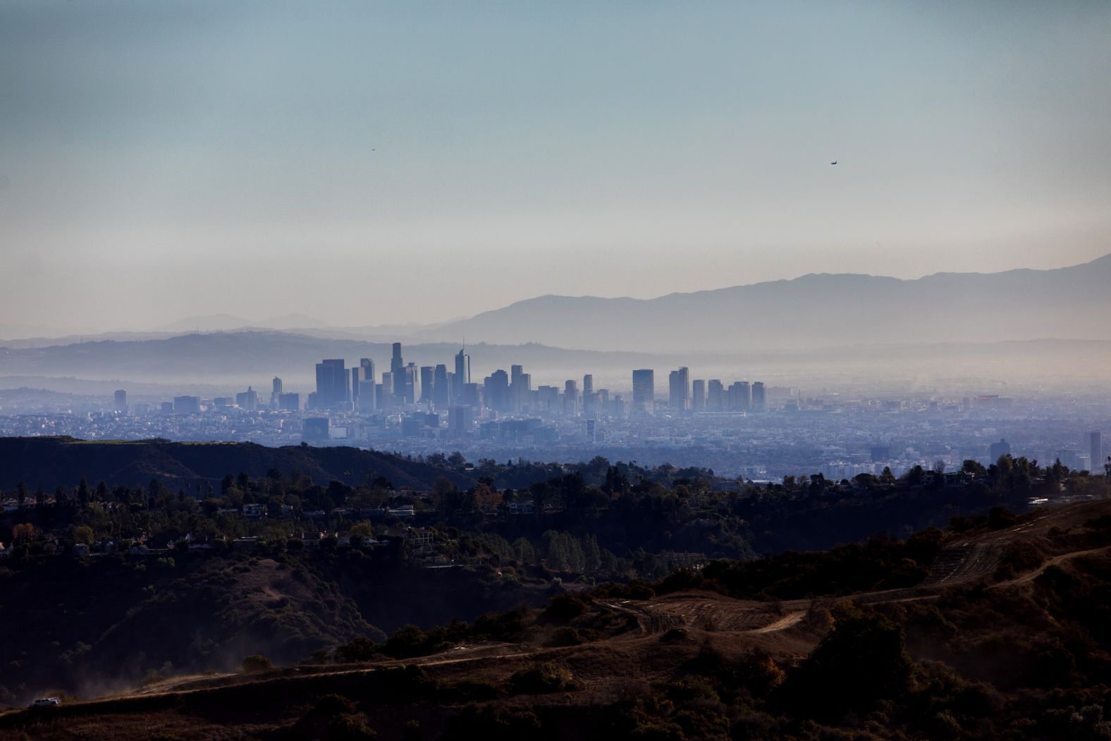 Wildfire smoke covers downtown Los Angeles.