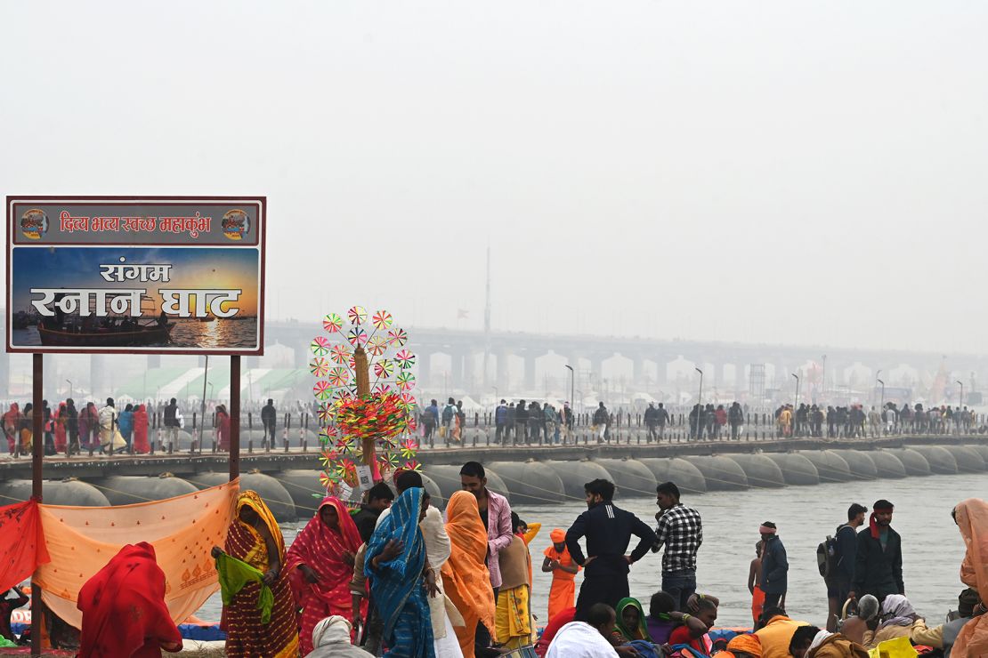 Devotees cross the pontoon bridge as they arrive to take dip into Sangam at Mahakumbh Nagar in Prayagraj, India on January 12, 2025.