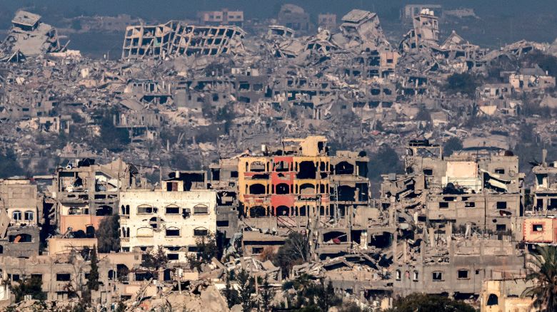 This picture taken from the Israeli side of the border with Gaza shows destroyed buildings in the north of the territory in January 2025.