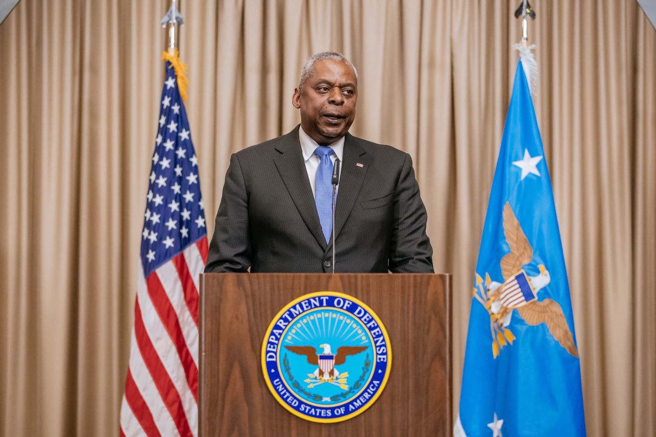 Secretary of Defense Lloyd Austin speaks during a press conference at Ramstein Air Base in Ramstein-Miesenbach, Germany, on Thursday.