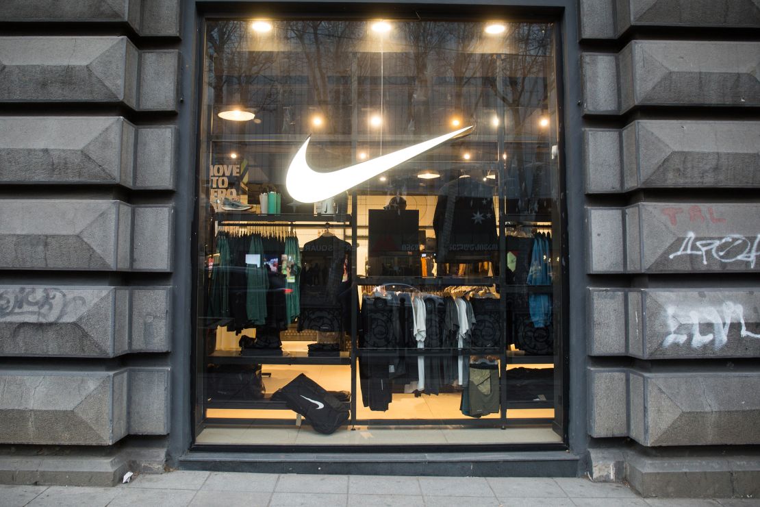TBILISI, GEORGIA - 2024/12/25: The Nike logo is displayed on a store window along Rustaveli Avenue in Tbilisi. Nike is an American athletic footwear and apparel corporation. (Photo by Karol Serewis/SOPA Images/LightRocket via Getty Images)