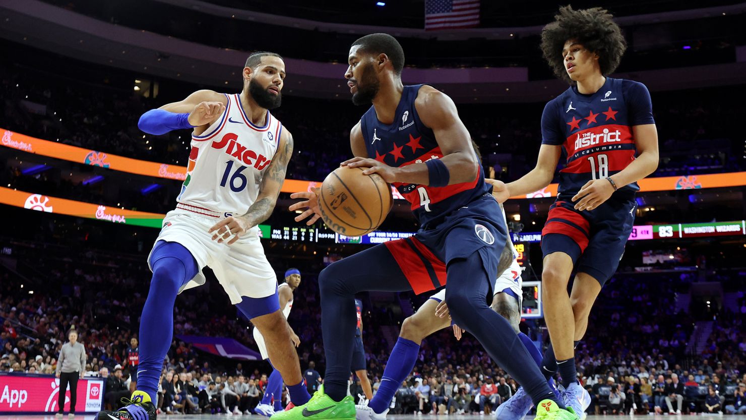 The Washington Wizards face off against the Philadelphia 76ers on January 08, 2025 in Philadelphia.