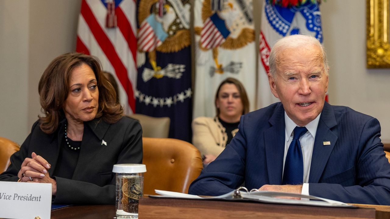 Vice President Kamala Harris and President Joe Biden speak to the media on the federal response to the Los Angeles wildfires at the White House on January 9.