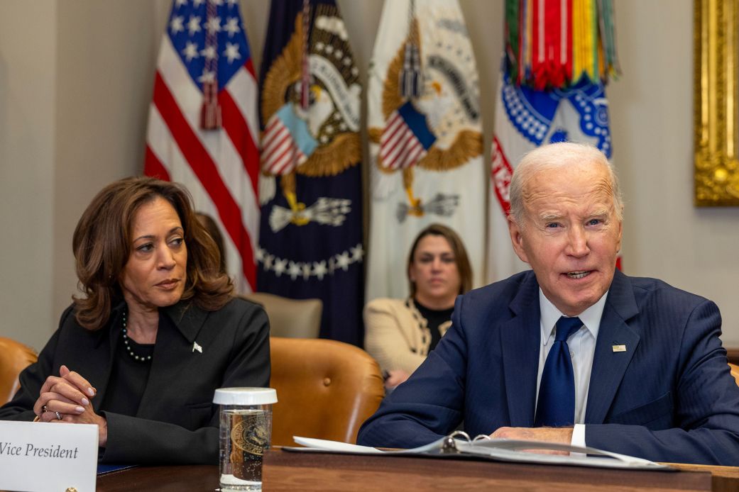 Vice President Kamala Harris and President Joe Biden speak to the media on the federal response to the Los Angeles wildfires at the White House on January 9.