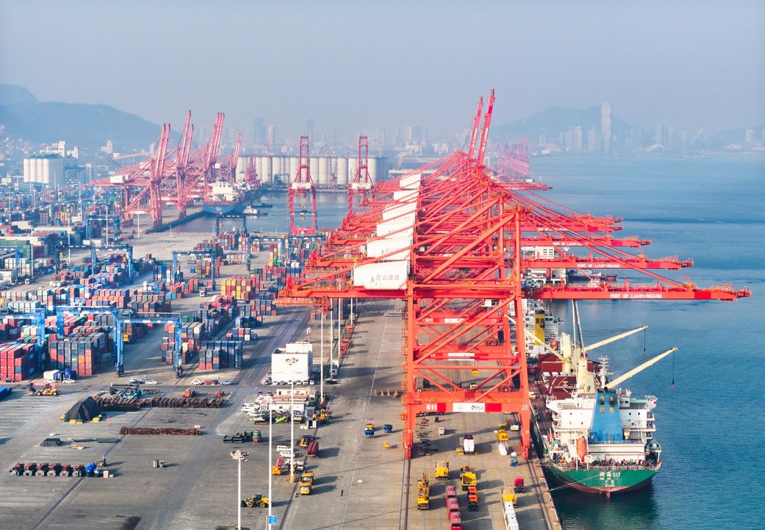 An aerial drone photo shows the container terminal of Lianyungang Port in eastern China's Jiangsu Province last month.