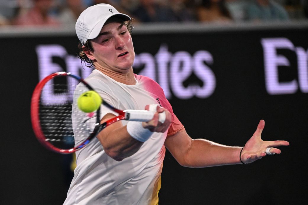 João Fonseca hits a forehand while playing Andrey Rublev at the Australian Open in January.