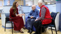 Britain's Catherine, Princess of Wales speaks with Richard Bosworth (C) during a visit to the Royal Marsden Hospital in west London on January 14, 2025. (Photo by Chris Jackson / POOL / AFP) (Photo by CHRIS JACKSON/POOL/AFP via Getty Images)