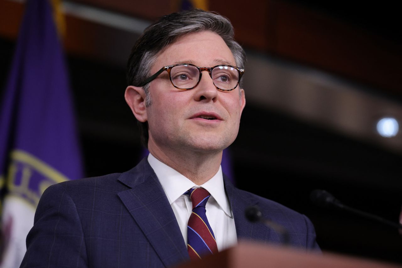 House Speaker Mike Johnson attends a press conference in Washington, DC, on Tuesday.