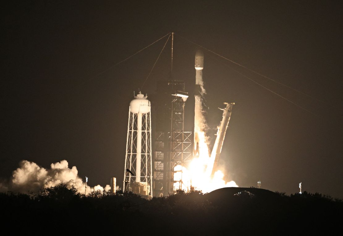 A SpaceX Falcon 9 rocket, carrying Firefly Aerospace's Blue Ghost and Ispace's Resilience lunar landers, lifts off Wednesday from Launch Complex 39A at the Kennedy Space Center in Cape Canaveral, Florida.