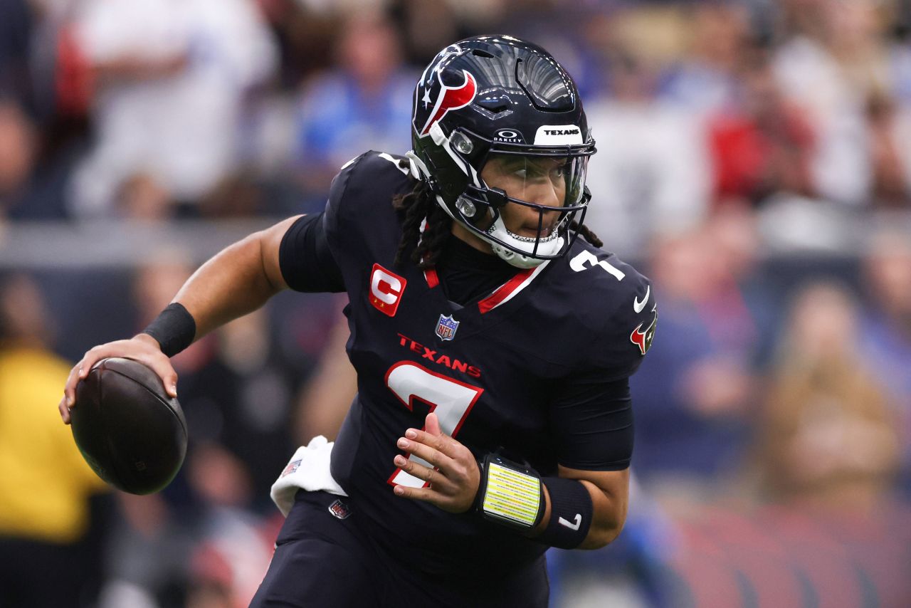 Houston Texans quarterback CJ Stroud looks to pass.