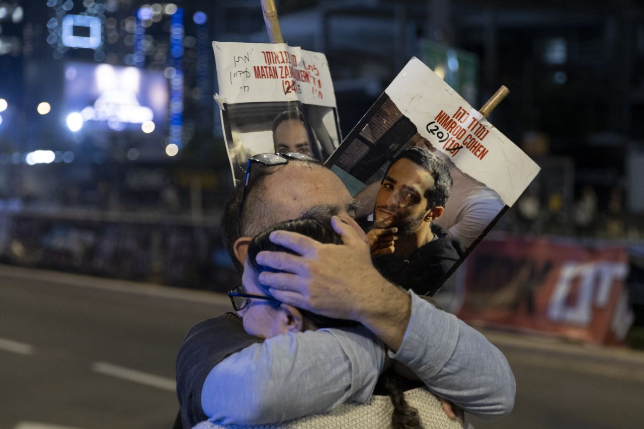 Protesters in Tel Aviv calling for the return of hostages held in Gaza react after the ceasefire and hostage release deal was reached.