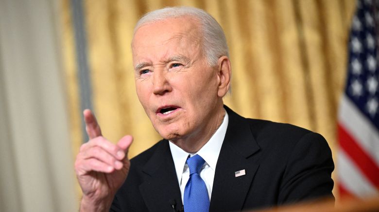 President Joe Biden delivers his farewell address to the nation from the Oval Office of the White House, on January 15, 2025.