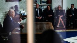 WASHINGTON, DC - JANUARY 15: U.S. President Joe Biden delivers a farewell Address to the Nation from the Oval Office while (from left to right) U.S. Second Gentleman Doug Emhoff, U.S. Vice President Kamala Harris, U.S. First Lady Jill Biden, son Hunter Biden listen on at the White House on January 15, 2025 in Washington, DC. (Photo by Samuel Corum/Getty Images)